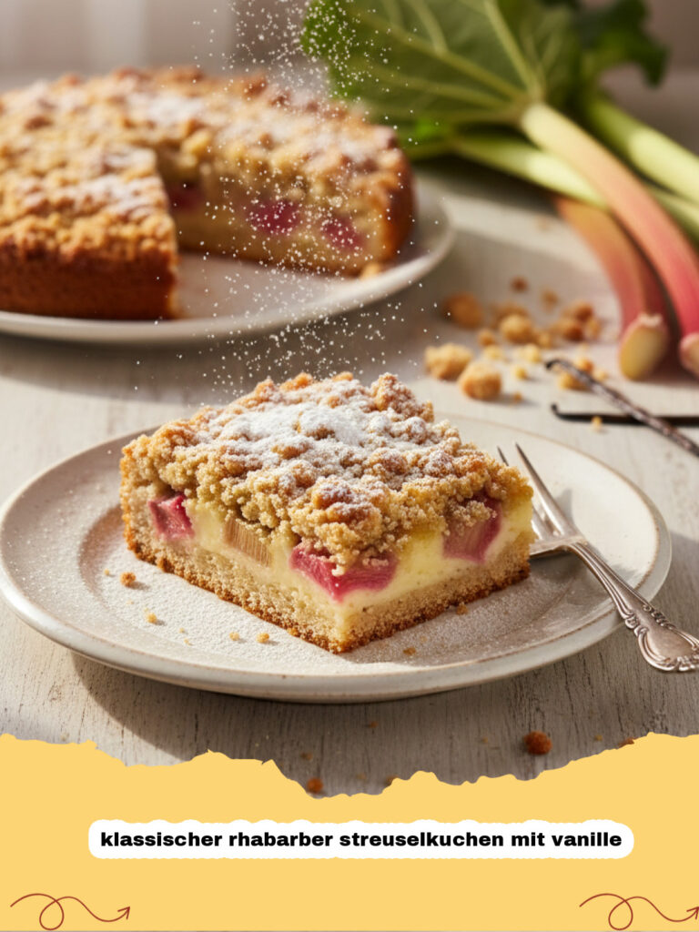 klassischer rhabarber streuselkuchen mit vanille - Ein Stück Klassischer Rhabarber Streuselkuchen mit Vanille auf einem Teller, mit dampfendem Kaffee im Hintergrund.