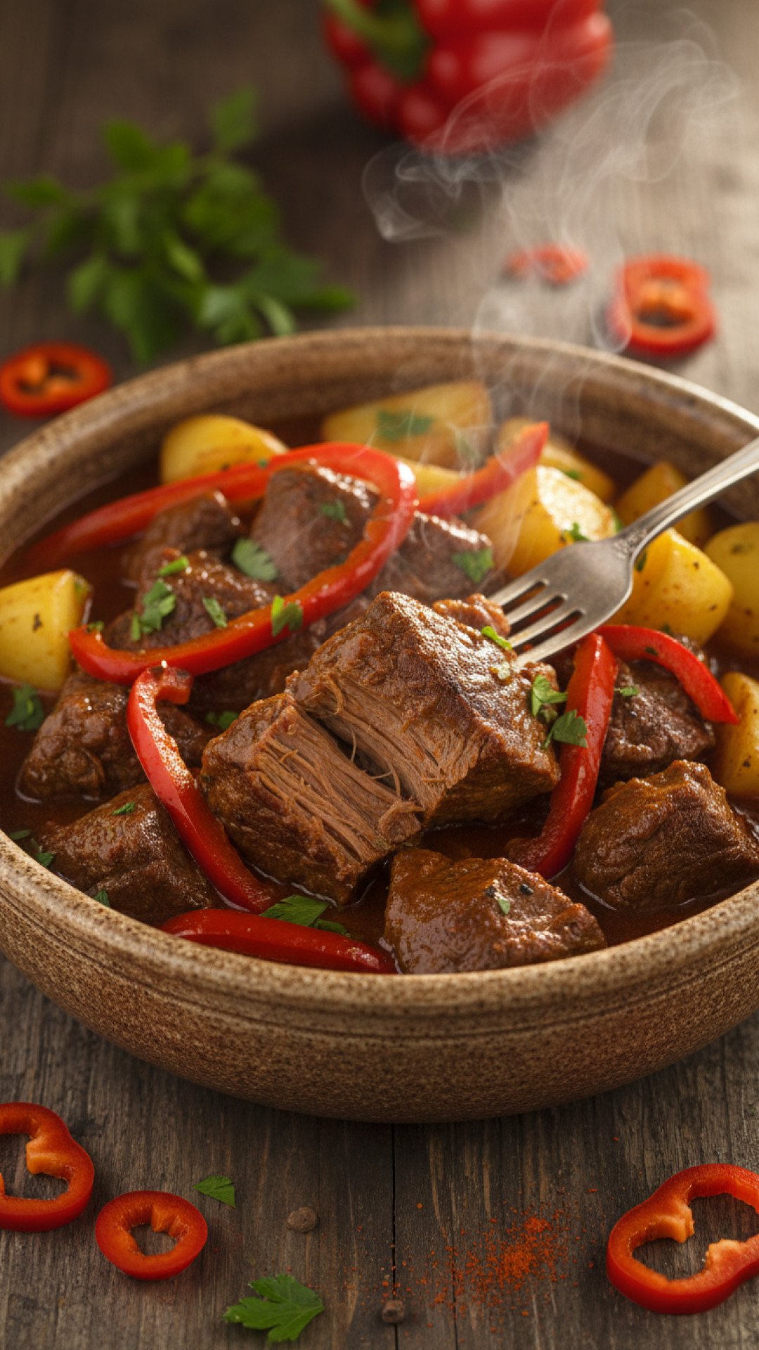 Klassischer Rindergulasch mit Paprika und Kartoffeln Preparation