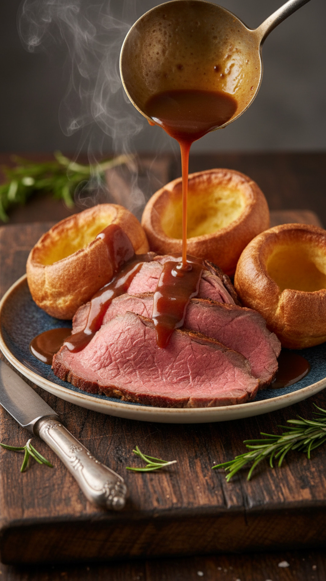 Klassisches Englisches Roast Beef mit Yorkshire Puddings und Bratensosse Preparation
