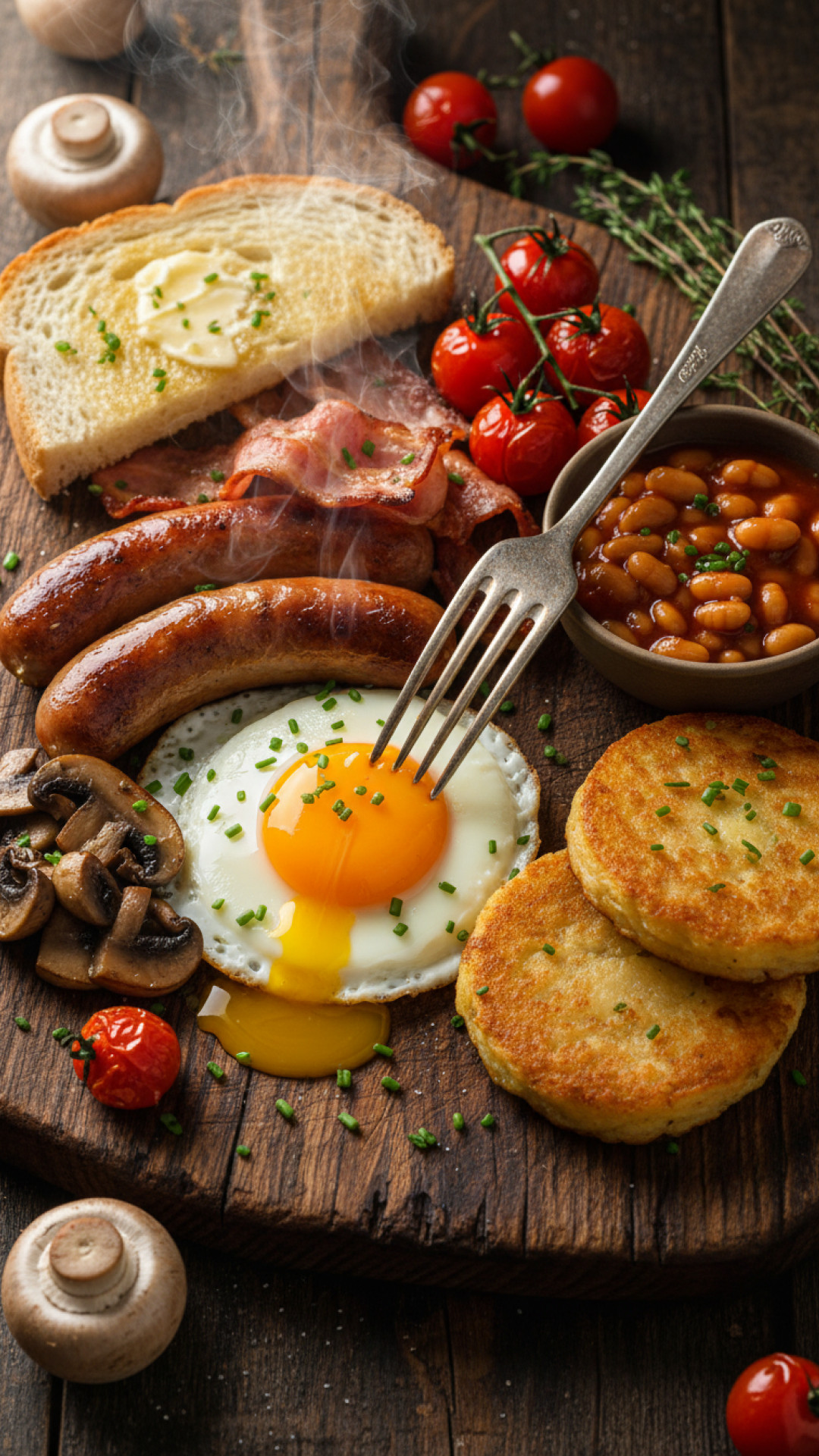 Klassisches englisches volles Frühstück mit Rindswurst und Baked Beans Preparation