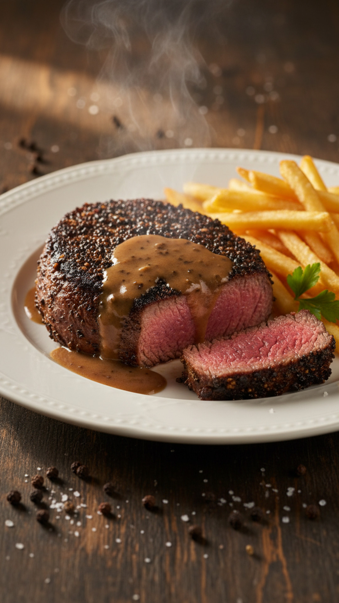 Klassisches Franzoesisches Steak au Poivre mit Pommes Frites Preparation