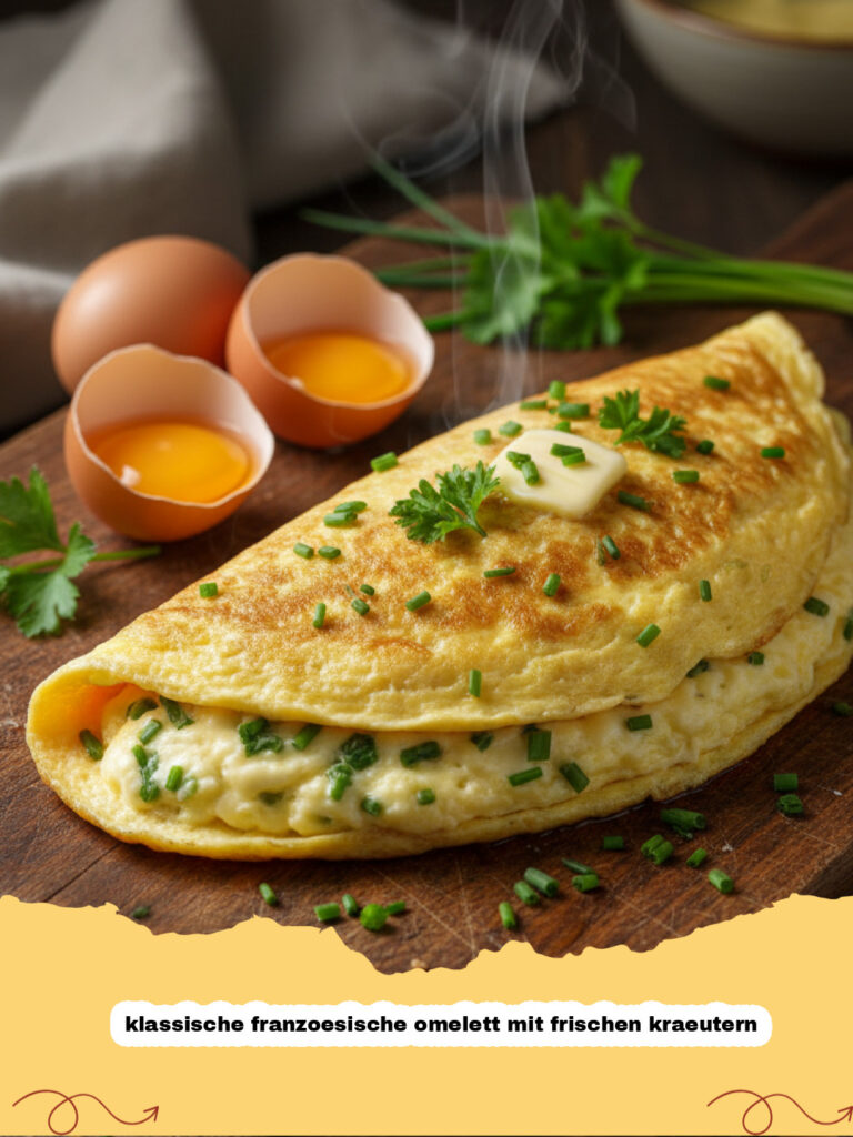 klassische franzoesische omelett mit frischen kraeutern - Ein perfekt gerolltes klassisches französisches Omelett mit frischen Kräutern auf einem weißen Teller.