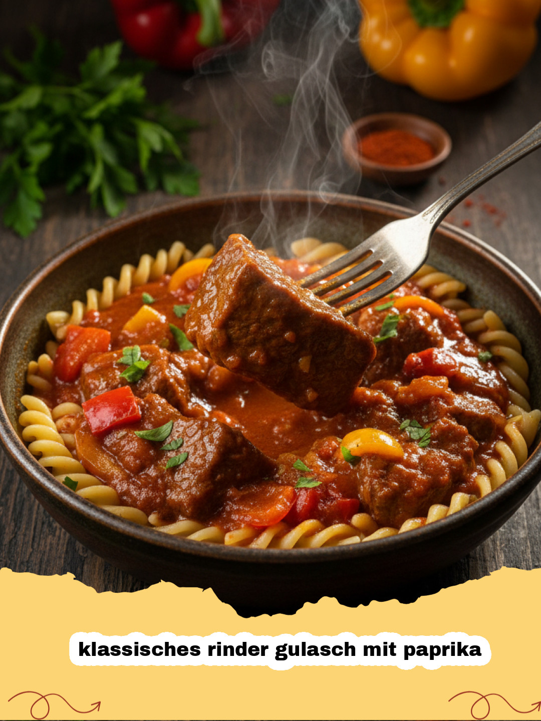 klassisches rinder gulasch mit paprika - Ein dampfender Teller mit klassischem Rindergulasch, reich an zartem Rindfleisch und einer tiefroten Paprikasauce, garniert mit frischer Petersilie.