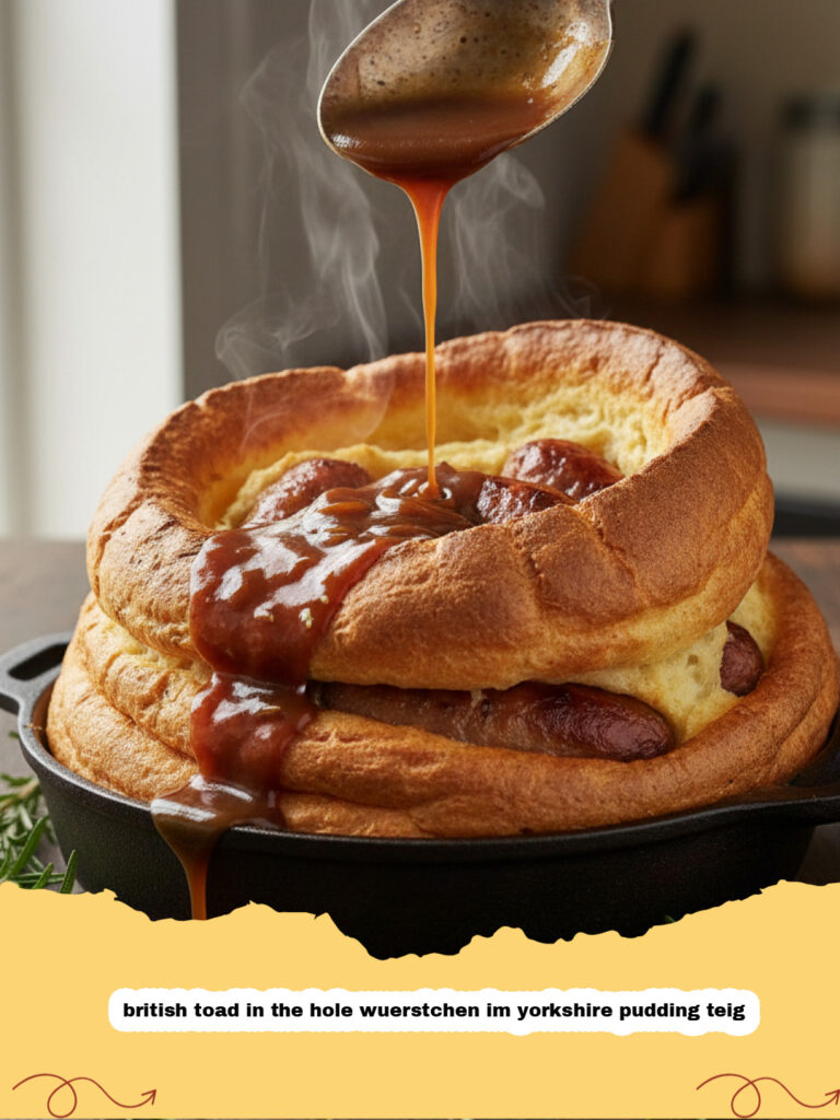 british toad in the hole wuerstchen im yorkshire pudding teig - British Toad in the Hole Goldbraun Gebacken