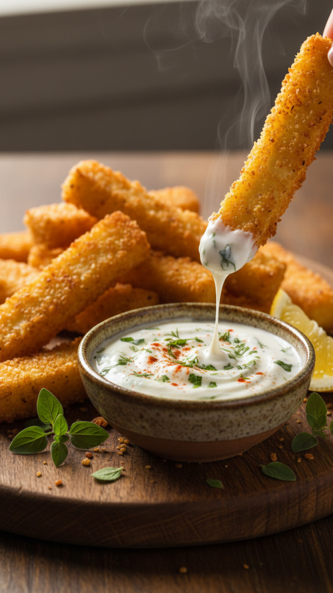 Knackige Halloumi Pommes mit Joghurt Dip Preparation