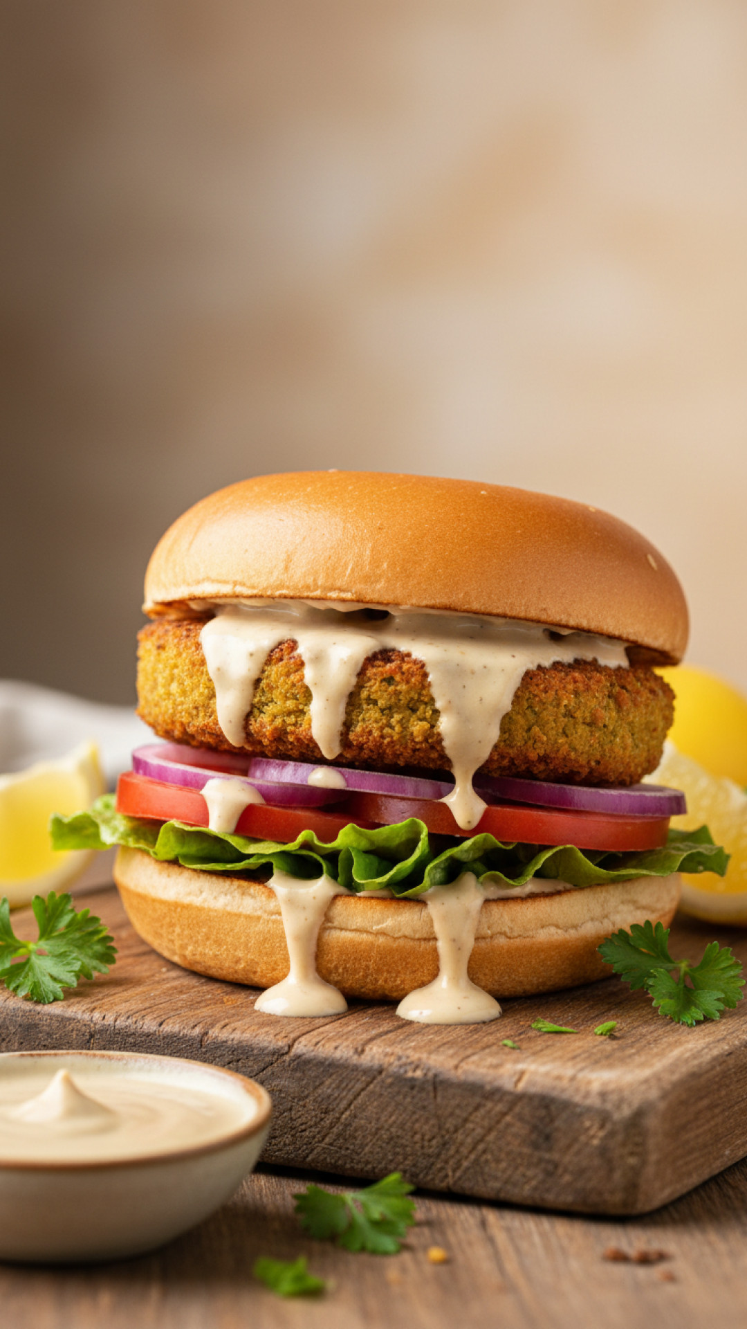 Knusprige Falafel Burger mit Tahini Sauce und Gemüse Preparation