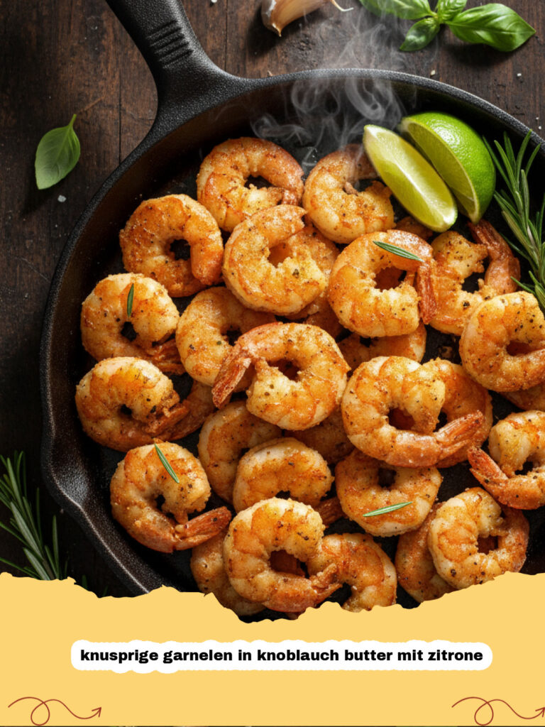 Pfanne mit knusprige garnelen in knoblauch butter mit zitrone und Petersilie