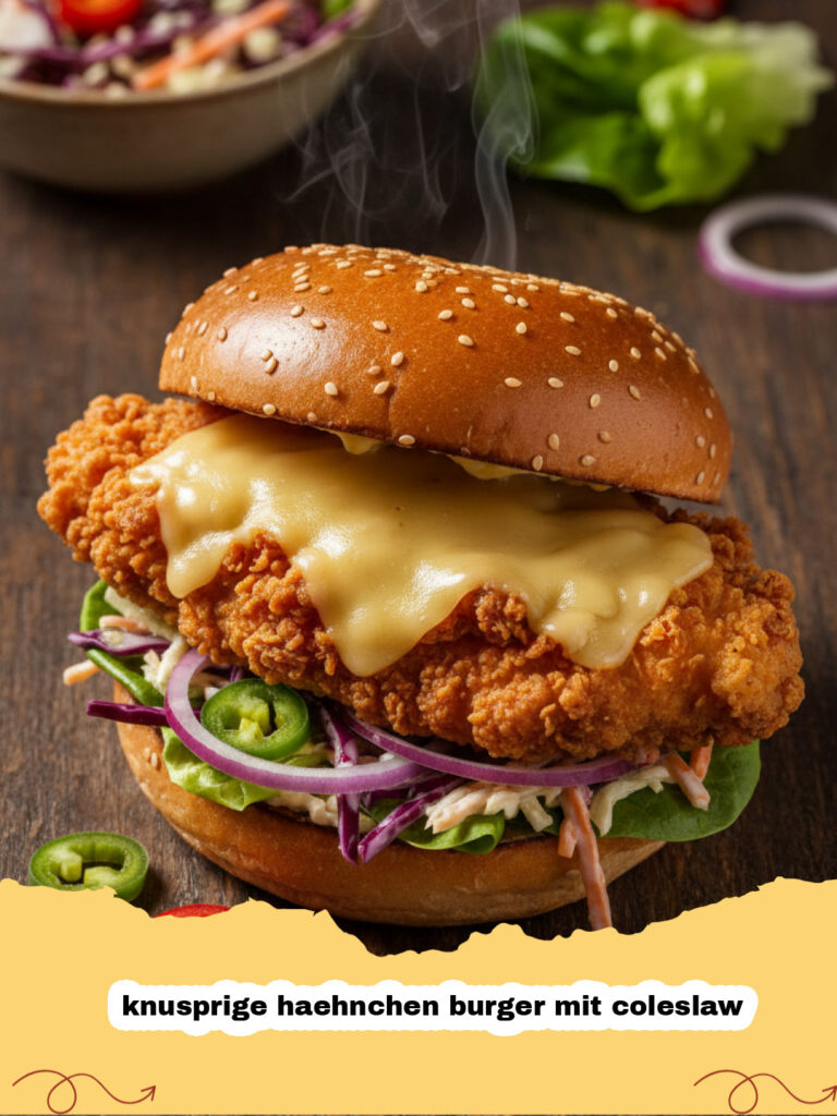 knusprige haehnchen burger mit coleslaw - Knusprige Hähnchen Burger mit cremigem Coleslaw auf einem Teller serviert