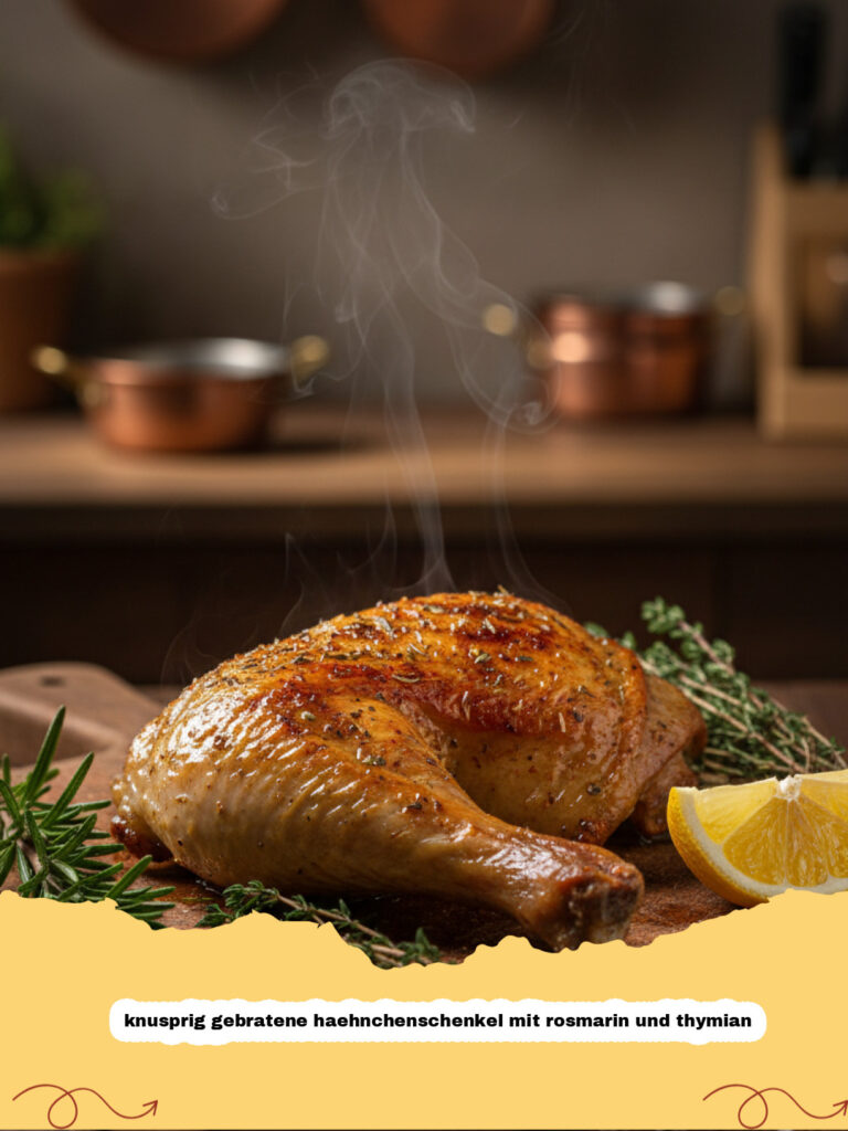 knusprig gebratene haehnchenschenkel mit rosmarin und thymian - Goldbraun und knusprig gebratene Hähnchenschenkel mit frischen Kräutern in einer Pfanne
