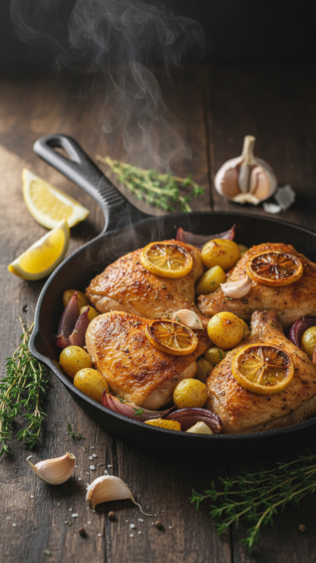 Knusprige Hähnchenschenkel mit Zitrone und Knoblauch aus dem Ofen Preparation