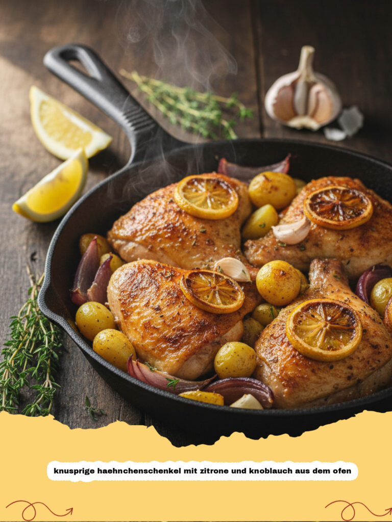 knusprige haehnchenschenkel mit zitrone und knoblauch aus dem ofen - Knusprige Hähnchenschenkel mit Zitrone und Knoblauch aus dem Ofen auf einem Teller mit Kräutern und Zitronenscheiben