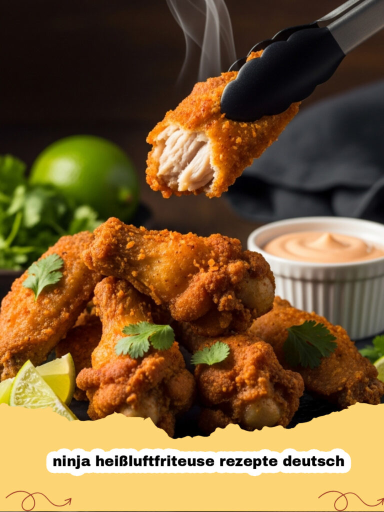 ninja heißluftfriteuse rezepte deutsch - Knusprige Hähnchenschenkel und Rosmarinkartoffeln aus der Ninja Heißluftfritteuse auf einem Teller mit frischer Petersilie