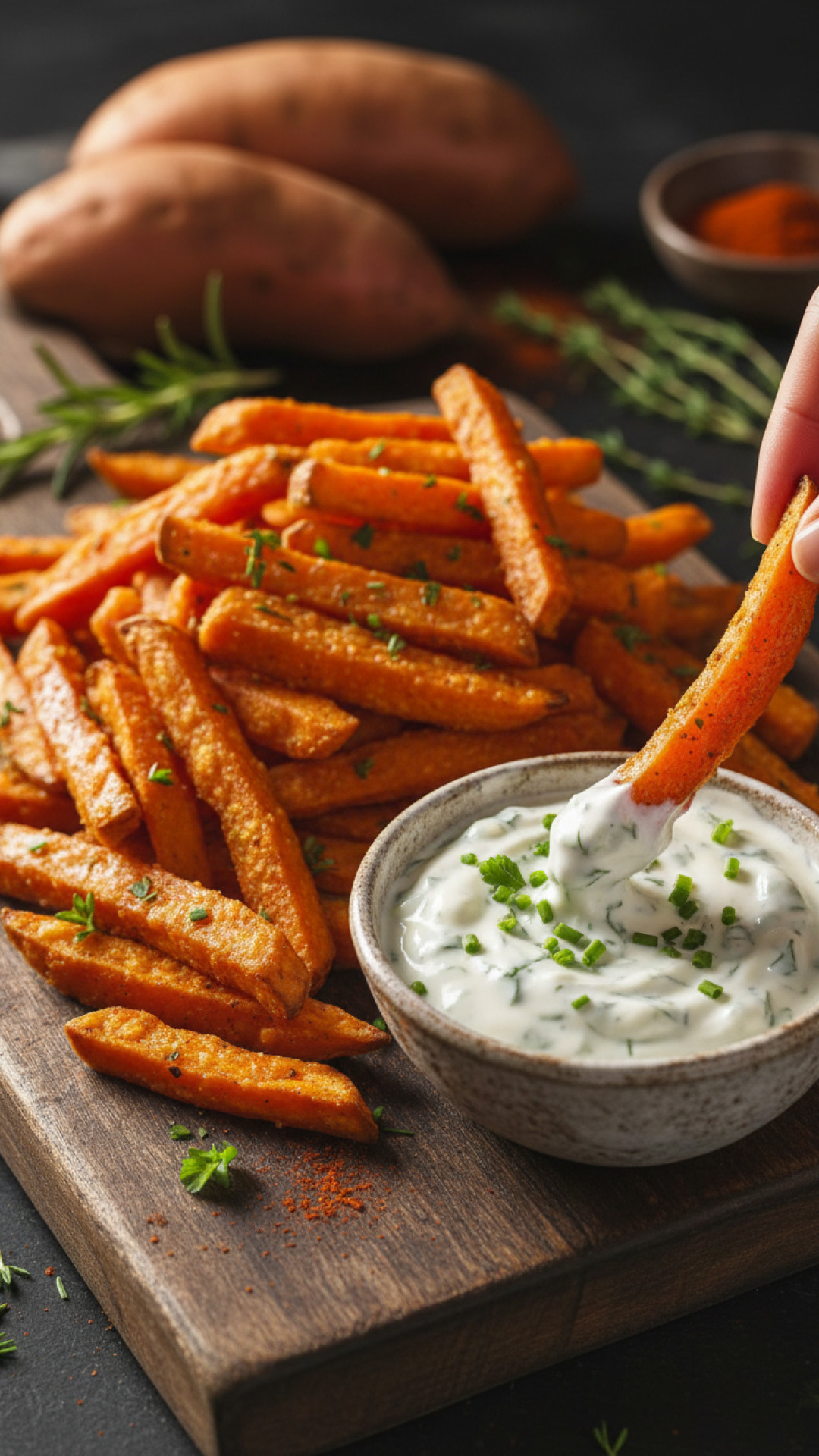 Knusprige hausgemachte Süßkartoffel Pommes mit Joghurt-Kräuter-Dip Preparation