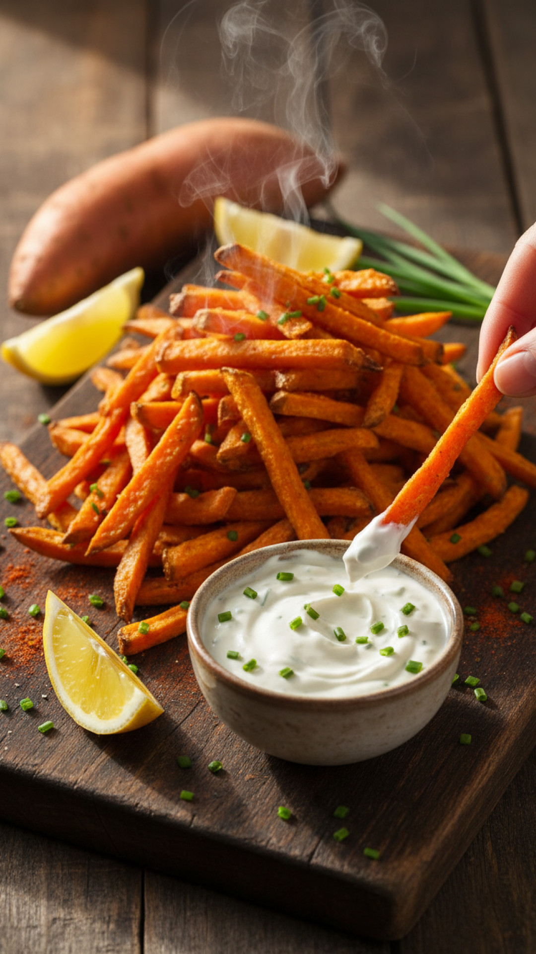 Knusprige Ofen-Süßkartoffel-Pommes mit cremigem Joghurt-Kräuter-Dip Preparation