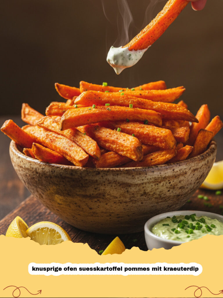 knusprige ofen suesskartoffel pommes mit kraeuterdip - Knusprige Ofen-Süßkartoffelpommes mit Schale und cremigem Kräuterdip in einer kleinen Schüssel.