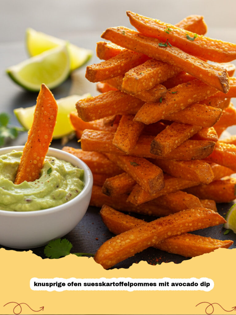 knusprige ofen suesskartoffelpommes mit avocado dip - Knusprige Süßkartoffelpommes mit frischem Avocado-Dip in einer Schale
