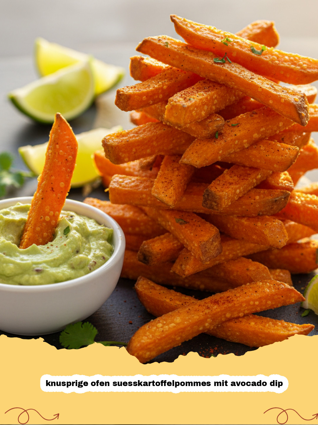 knusprige ofen suesskartoffelpommes mit avocado dip - Knusprige Süßkartoffelpommes mit frischem Avocado-Dip in einer Schale