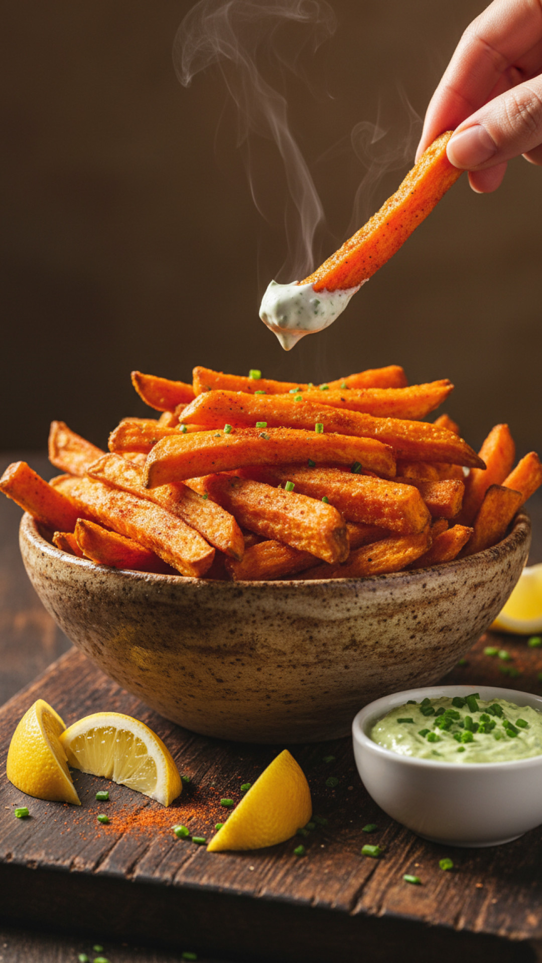 Knusprige Ofen-Süßkartoffelpommes mit Cremigem Kräuterdip Preparation