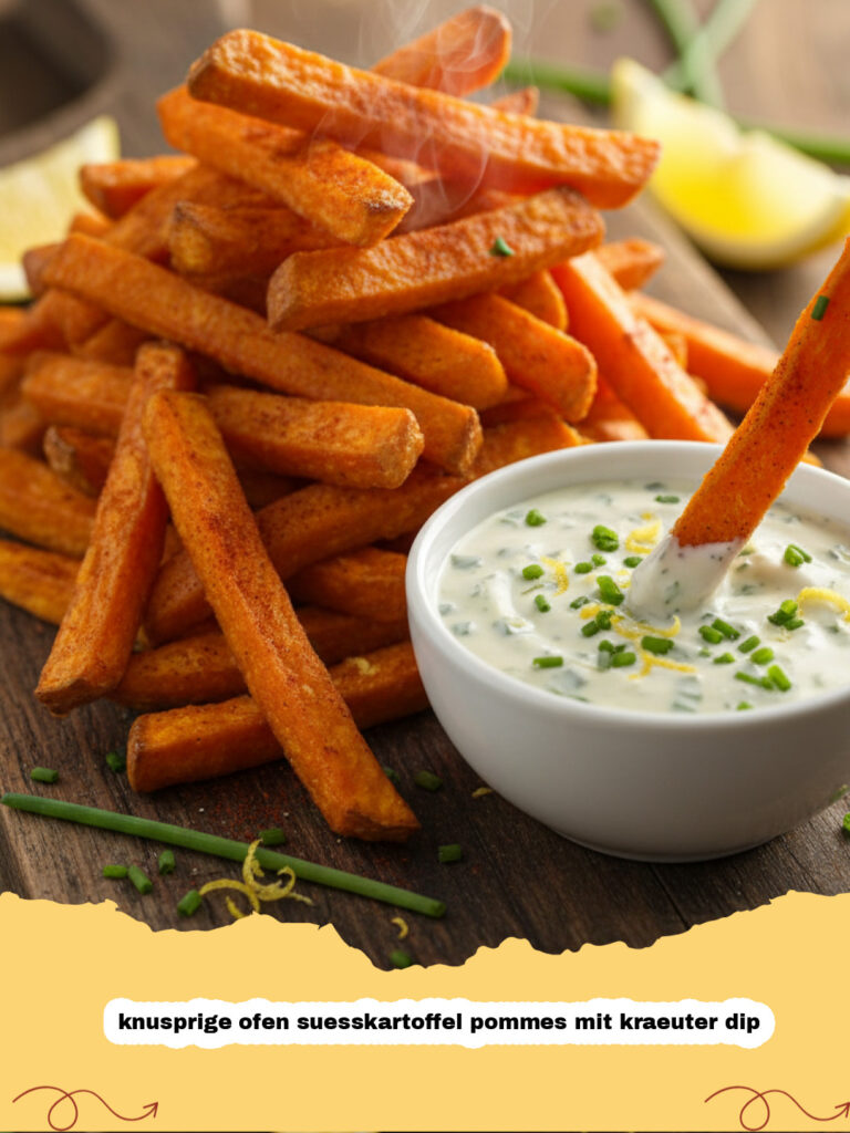 knusprige ofen suesskartoffel pommes mit kraeuter dip - Teller mit knusprigen Ofen-Süßkartoffelpommes und einem Schälchen Kräuterdip