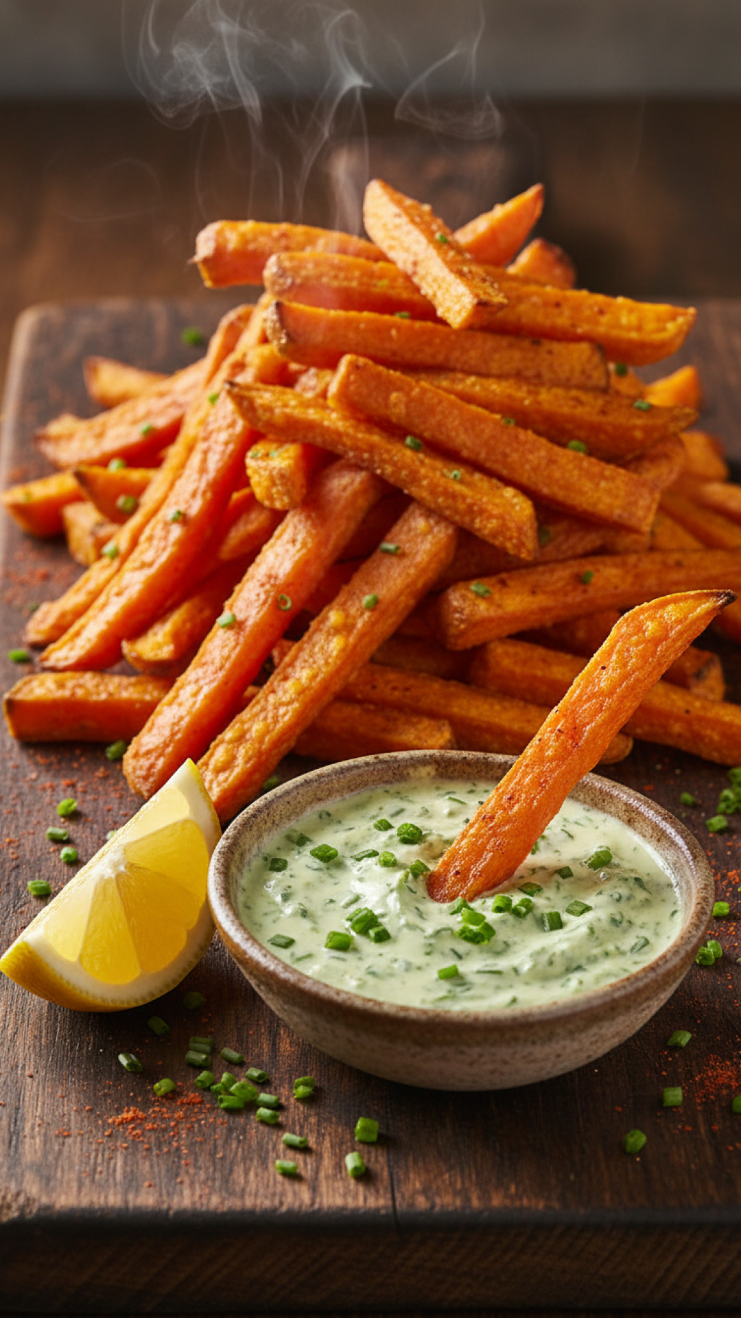 Knusprige Ofen-Süßkartoffelpommes mit Kräuterdip Preparation