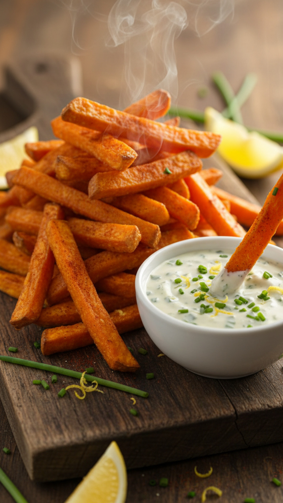 Knusprige Ofen-Süßkartoffelpommes mit Kräuterdip Preparation