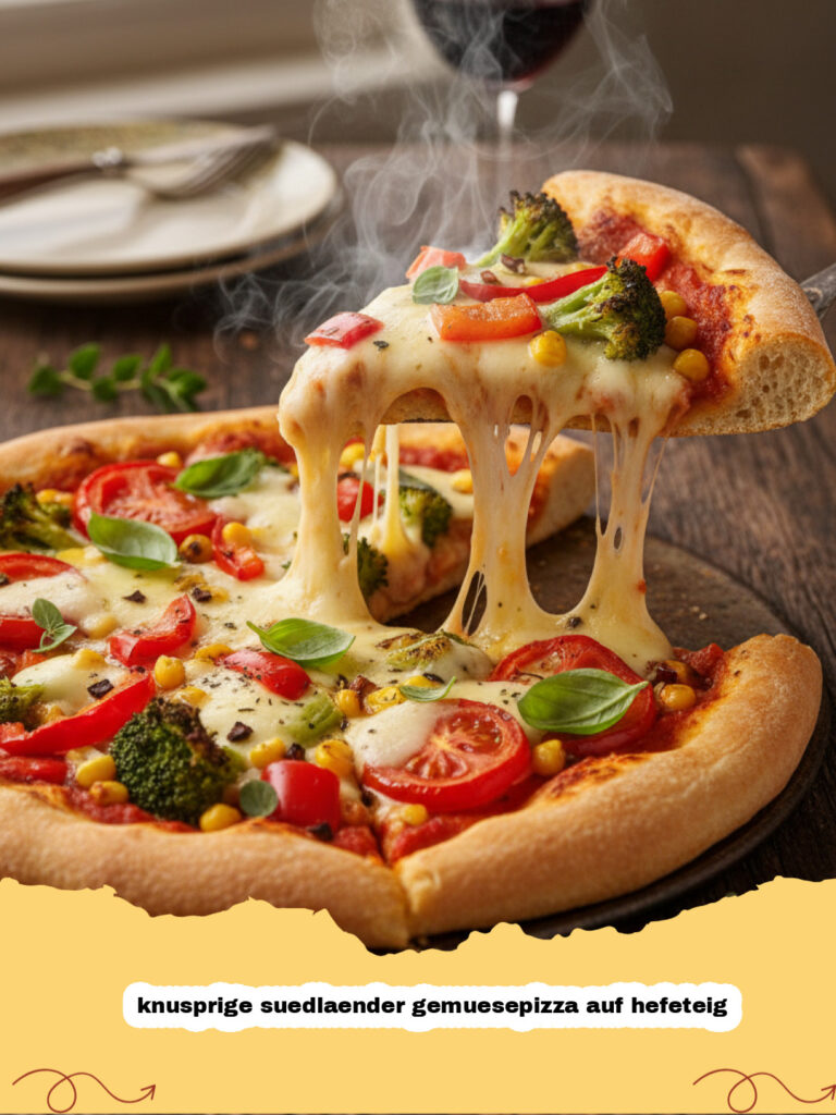 knusprige suedlaender gemuesepizza auf hefeteig - Eine köstliche knusprige Südländer Gemüsepizza, frisch aus dem Ofen, mit leuchtendem Gemüse und geschmolzenem Käse.