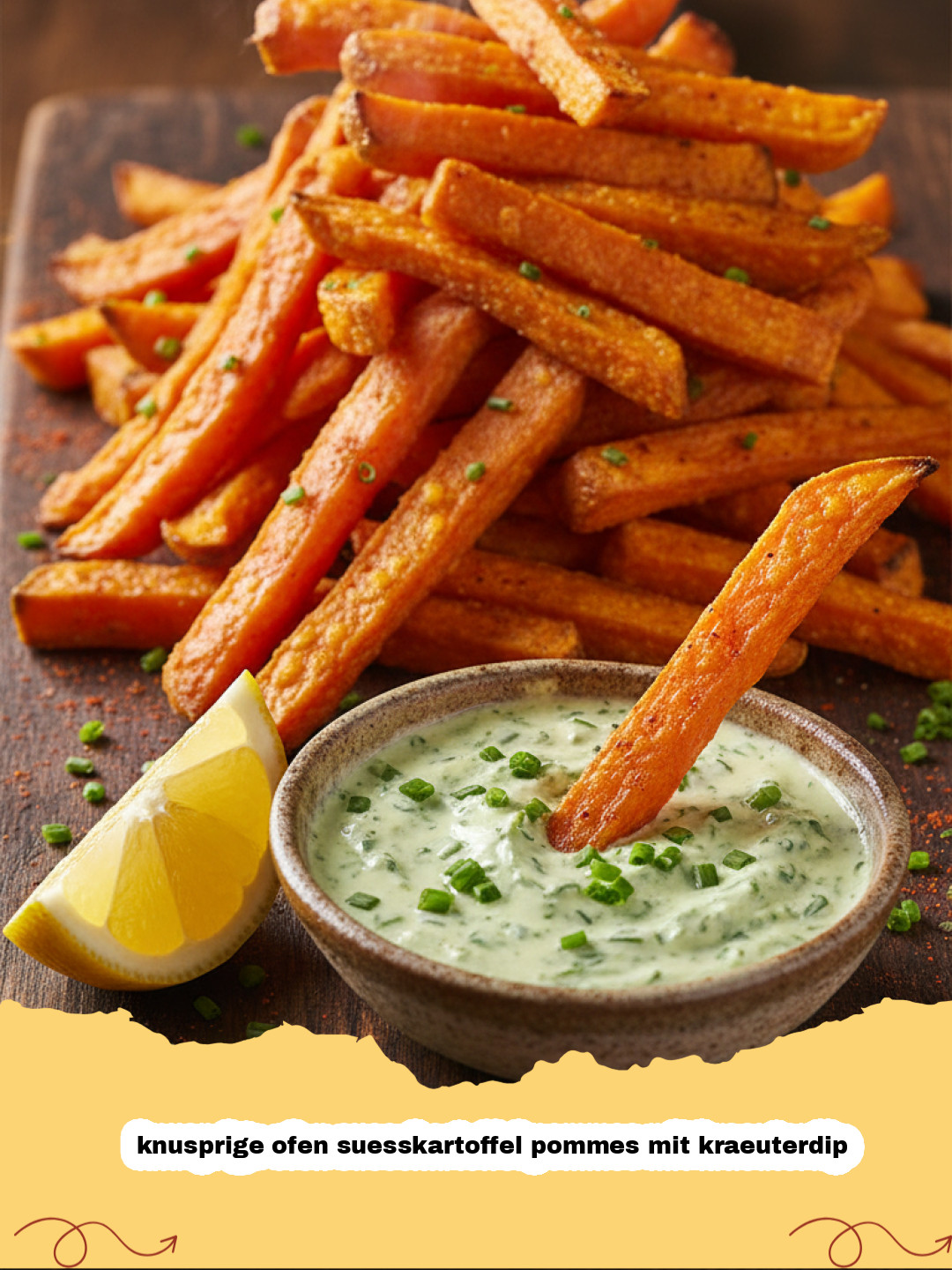 knusprige ofen suesskartoffel pommes mit kraeuterdip - Teller mit knusprigen Ofen-Süßkartoffelpommes und einem Schälchen Kräuterdip.