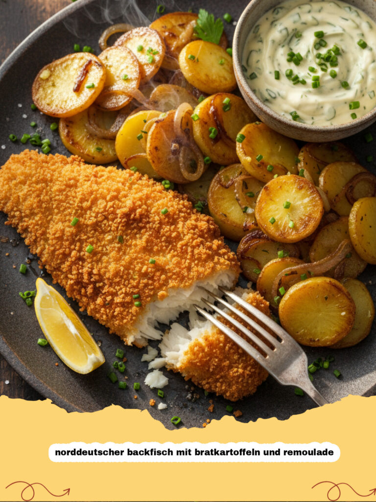 norddeutscher backfisch mit bratkartoffeln und remoulade - Norddeutscher Backfisch mit goldbraunen Bratkartoffeln und cremiger Remoulade auf einem weißen Teller