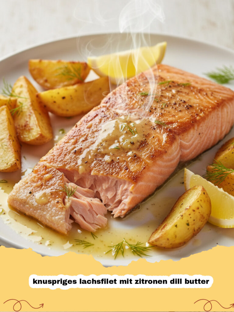 Ein perfekt gebratenes, knuspriges lachsfilet mit zitronen dill butter auf einem weißen Teller serviert.