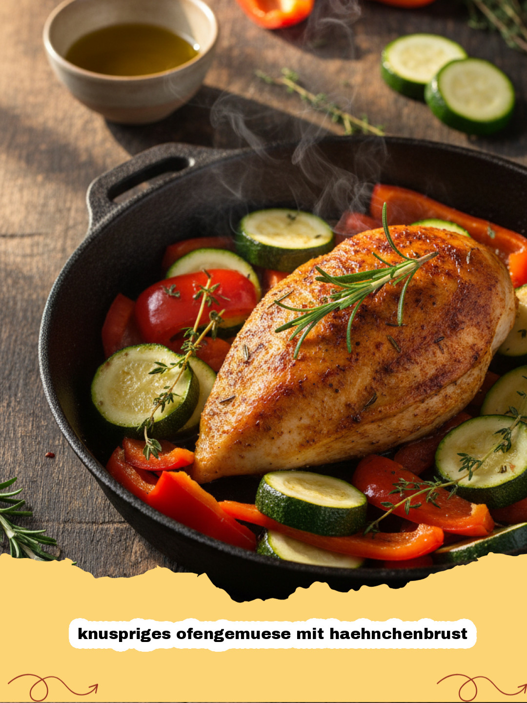 knuspriges ofengemuese mit haehnchenbrust - Knuspriges Ofengemüse mit Hähnchenbrust auf einem Backblech, appetitlich angerichtet