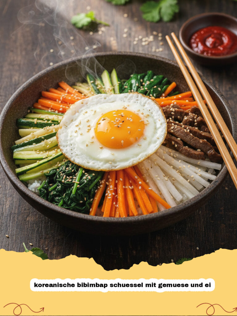 Authentische koreanische bibimbap schuessel mit gemuese und ei in einer Keramikschüssel mit Stäbchen