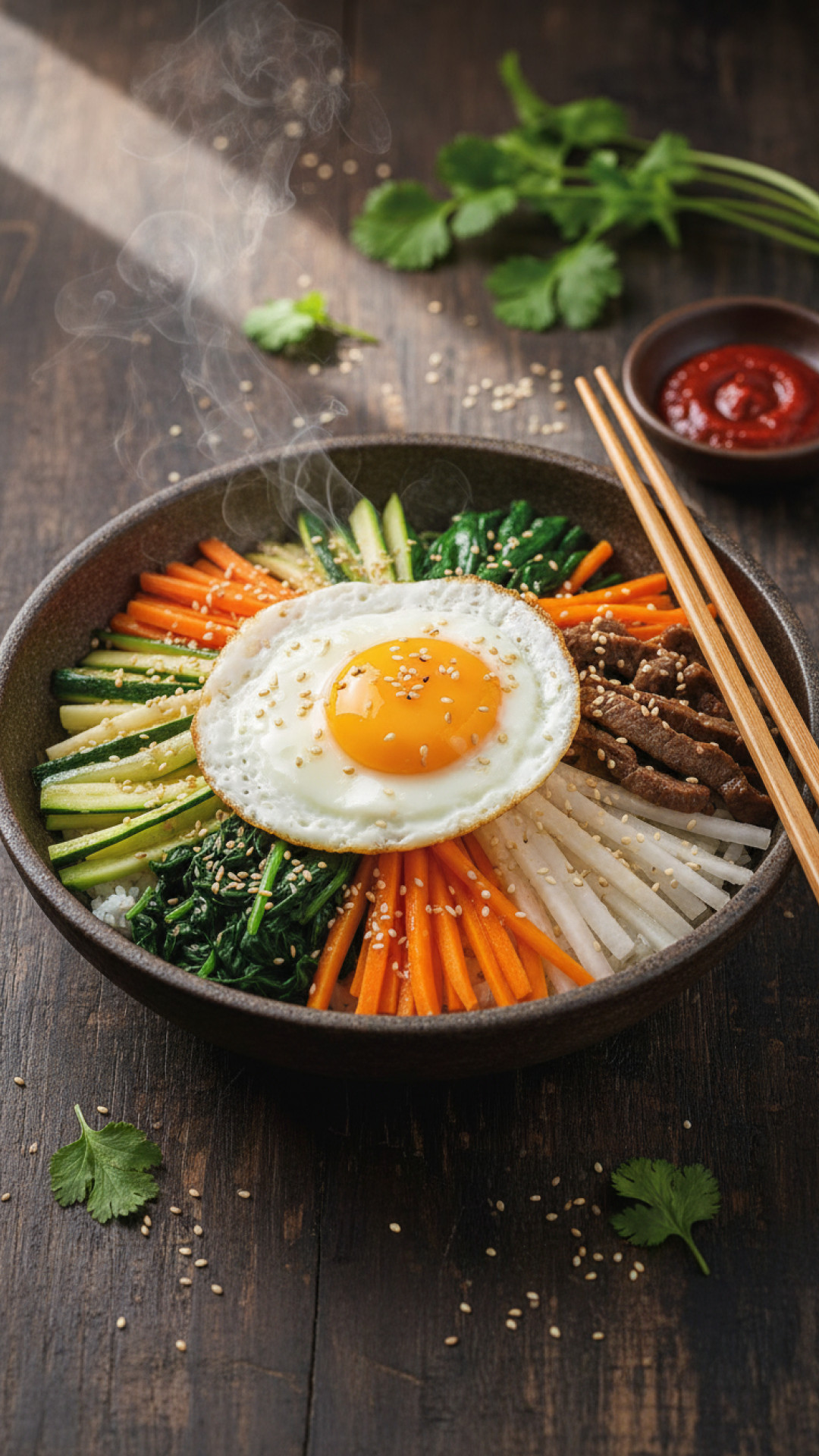 Koreanische Bibimbap Schüssel mit Gemüse und Ei Preparation