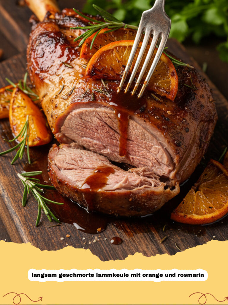 langsam geschmorte lammkeule mit orange und rosmarin - Eine köstliche, langsam geschmorte Lammkeule mit Orangen- und Rosmarinzweigen in einem gusseisernen Topf, servierfertig.