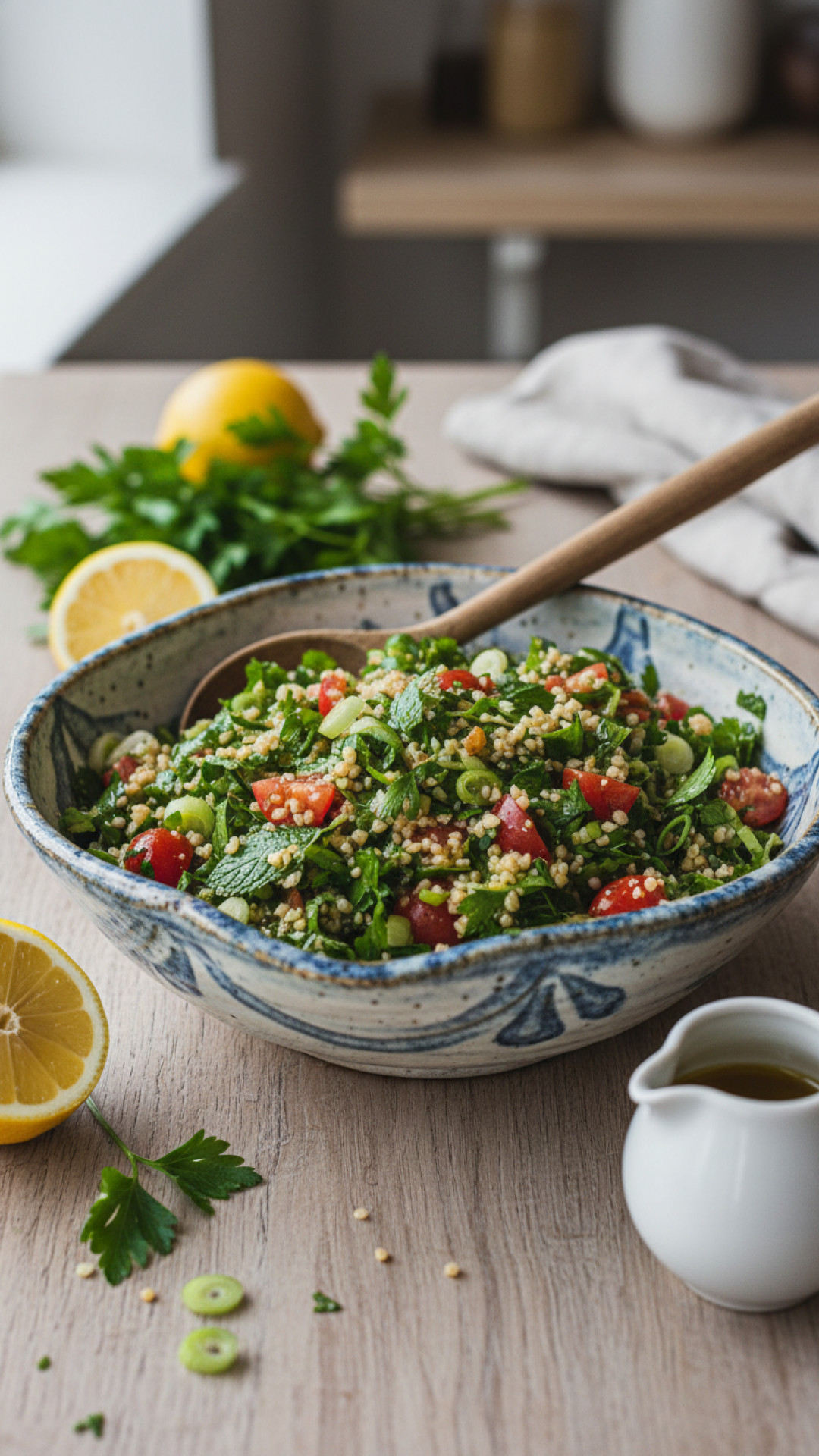 Libanesischer Taboulah Salat mit Petersilie und Minze Preparation