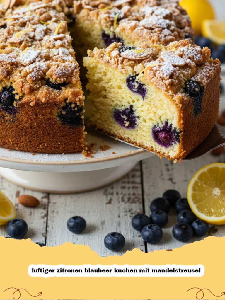 luftiger zitronen blaubeer kuchen mit mandelstreusel - Ein großes Stück luftiger Zitronen-Blaubeer-Kuchen mit Mandelstreuseln auf einem Teller, daneben frische Blaubeeren und Zitronenscheiben.