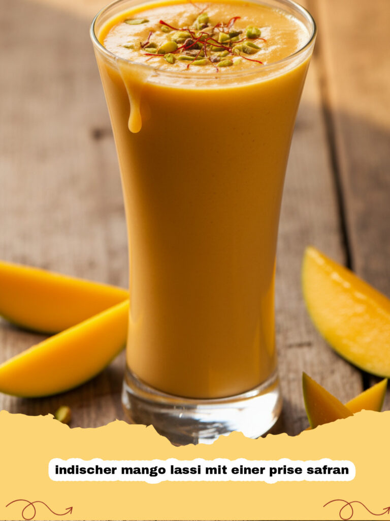 indischer mango lassi mit einer prise safran - Ein Glas indischer Mango Lassi mit einer Prise Safran und Pistazien garniert