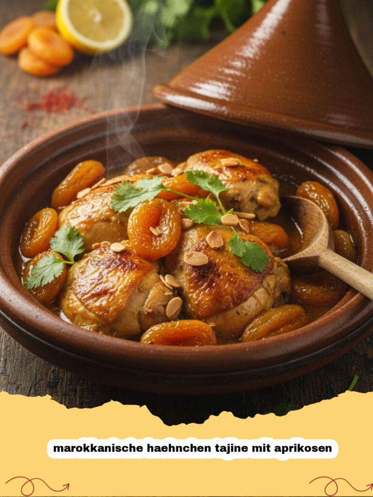 Eine dampfende marokkanische haehnchen tajine mit aprikosen in einem traditionellen Tontopf.