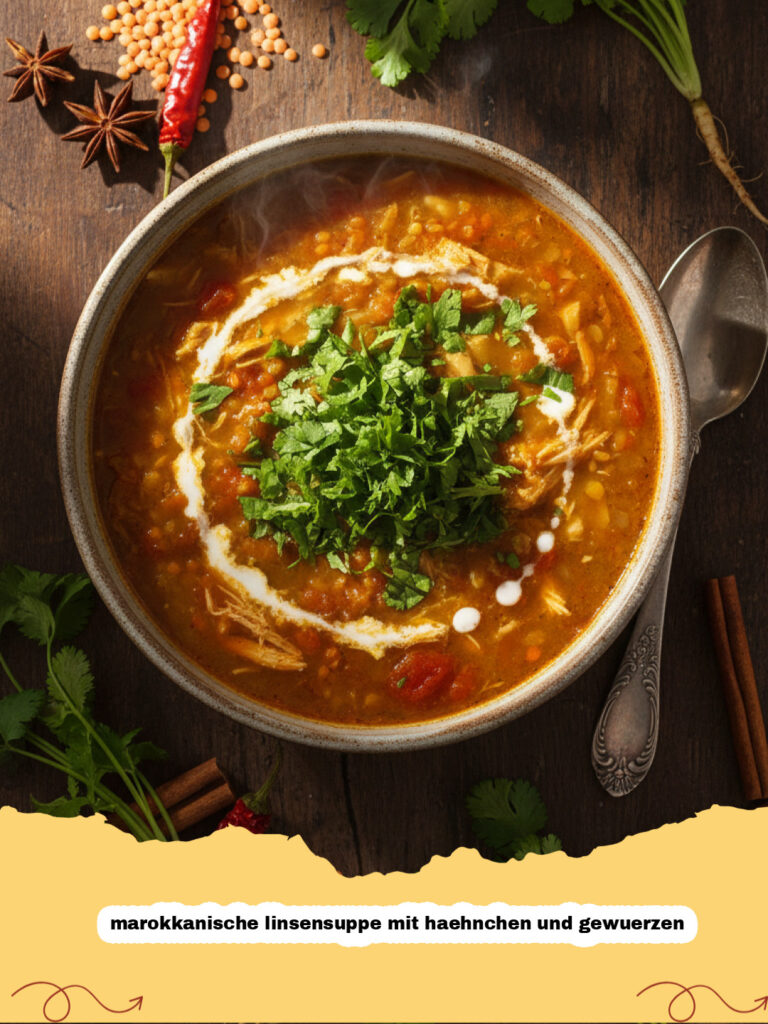 marokkanische linsensuppe mit haehnchen und gewuerzen - Eine dampfende Schüssel marokkanische Linsensuppe mit Hähnchen und Gewürzen, garniert mit frischem Koriander und einem Zitronenschnitz.