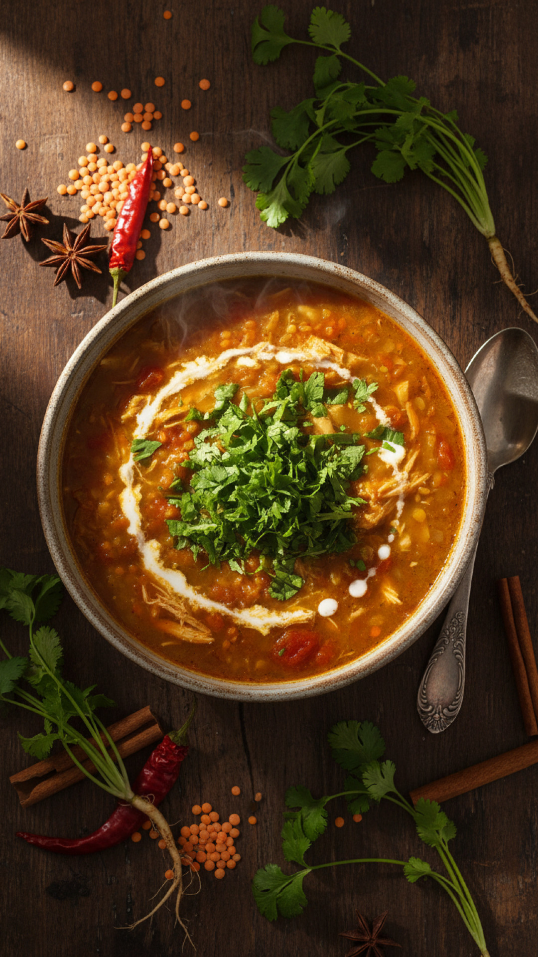 Marokkanische Linsensuppe mit Hähnchen und Gewürzen Preparation