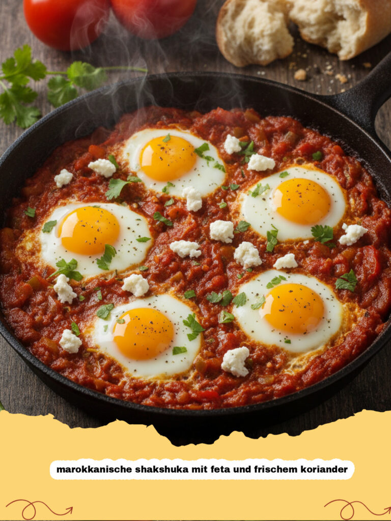 marokkanische shakshuka mit feta und frischem koriander - Eine köstliche marokkanische Shakshuka mit Feta und frischem Koriander in einer Pfanne, bereit zum Servieren, mit Brot daneben.
