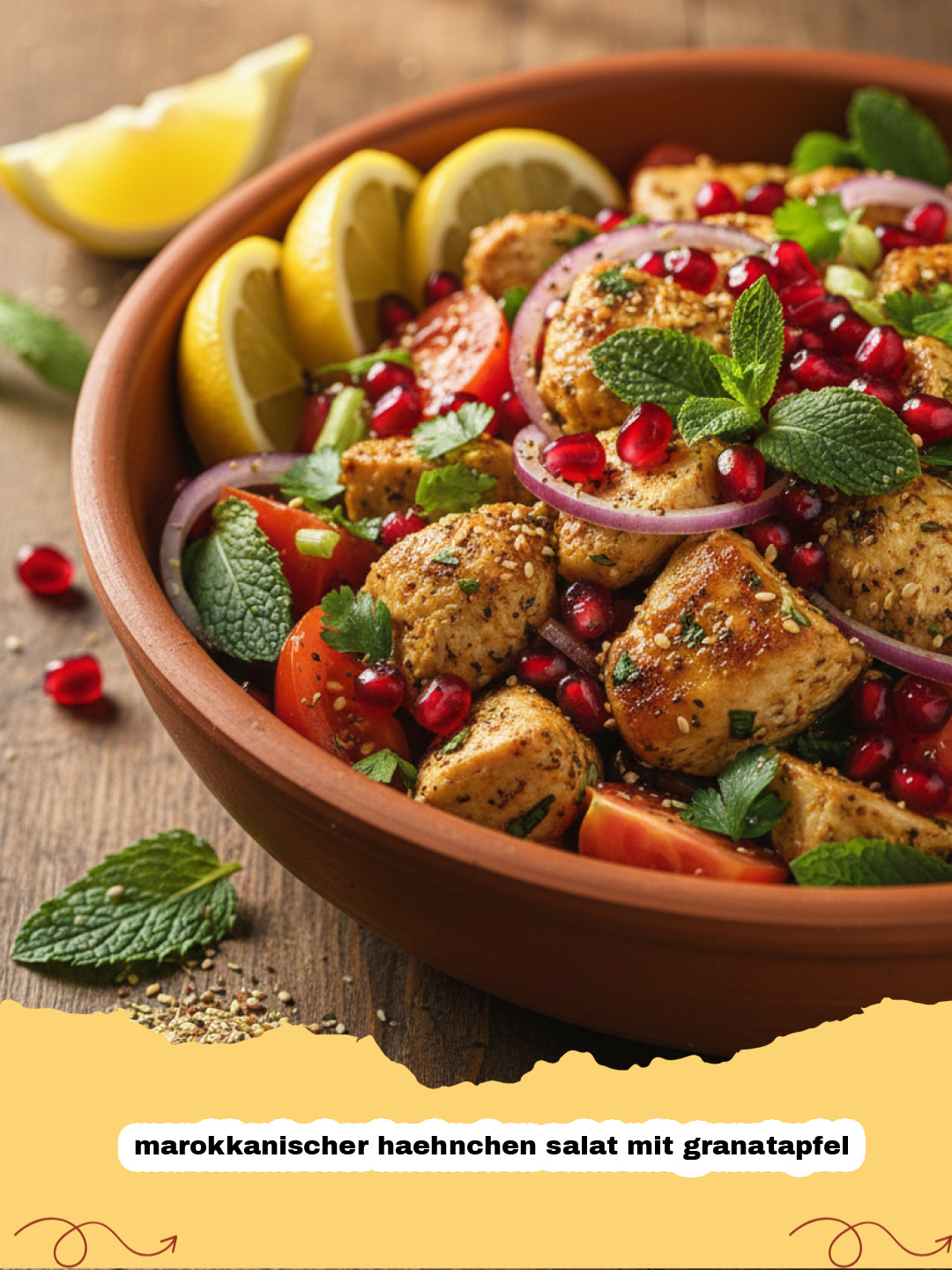 marokkanischer haehnchen salat mit granatapfel - Ein farbenfroher marokkanischer Hähnchensalat mit Granatapfel und frischer Minze in einer großen Schüssel.