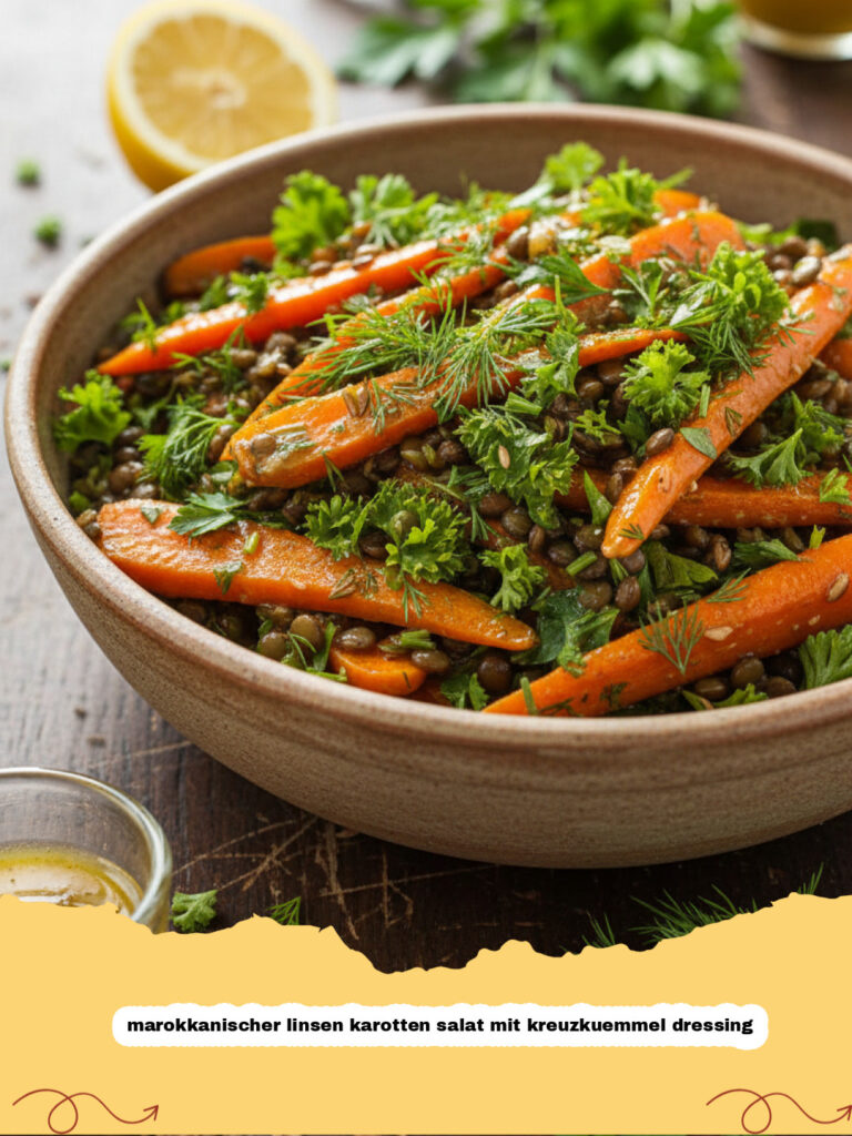 marokkanischer linsen karotten salat mit kreuzkuemmel dressing - Ein bunter marokkanischer Linsen Karotten Salat mit Kreuzkümmel Dressing in einer Schüssel, garniert mit frischen Kräutern.