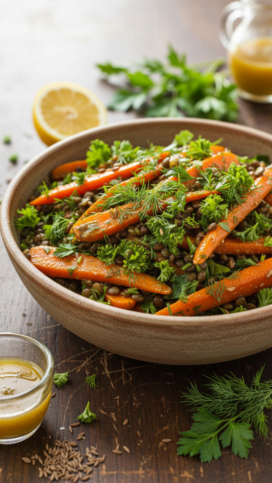 Marokkanischer Linsen-Karotten-Salat mit Kreuzkümmel-Dressing Preparation