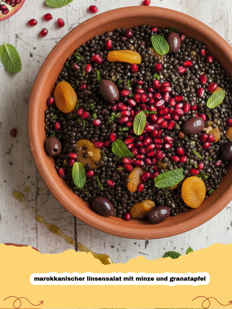 marokkanischer linsensalat mit minze und granatapfel - Ein bunter marokkanischer Linsensalat mit Minze und Granatapfel in einer großen Schüssel, bereit zum Servieren.