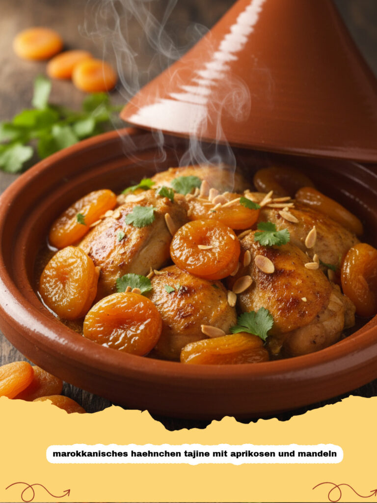 marokkanisches haehnchen tajine mit aprikosen und mandeln - Eine köstliche marokkanisches Hähnchen-Tajine mit Aprikosen und Mandeln, angerichtet mit frischem Koriander und gerösteten Mandeln.