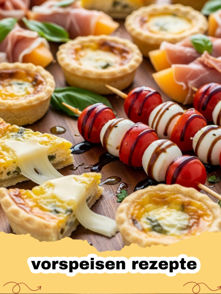 vorspeisen rezepte - Frische mediterrane Bruschetta auf einem Holzbrett garniert mit Basilikum