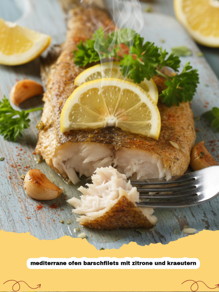 mediterrane ofen barschfilets mit zitrone und kraeutern - Mediterrane Ofen Barschfilets mit Zitrone und Kräutern auf einem Backblech, servierfertig