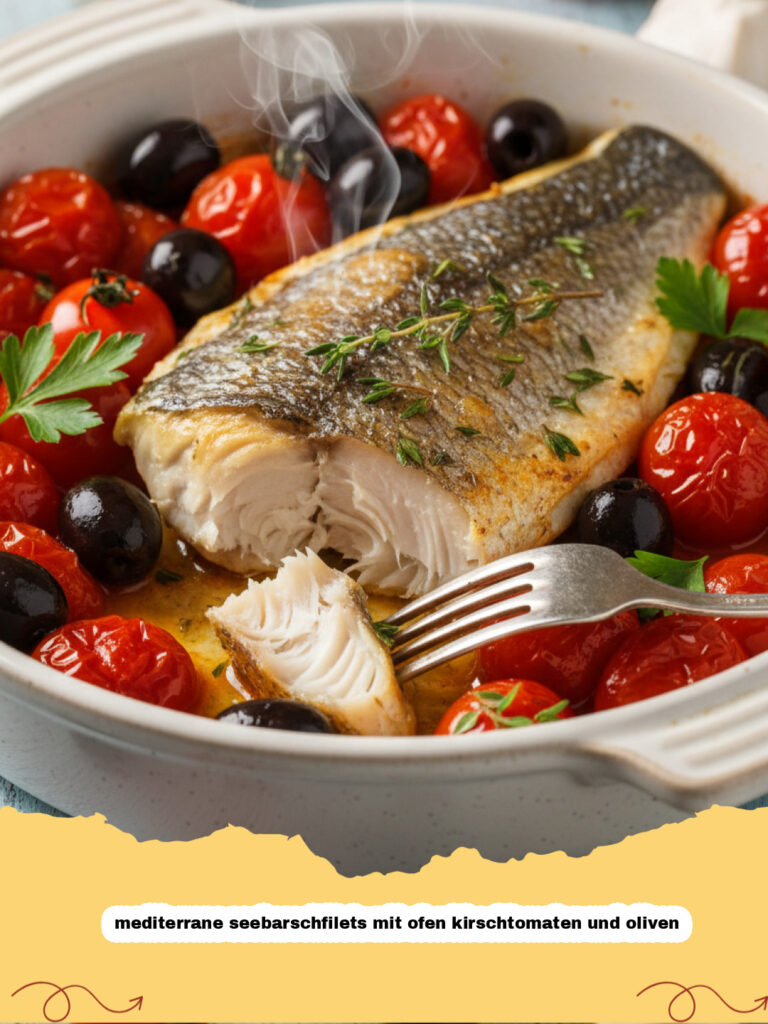 mediterrane seebarschfilets mit ofen kirschtomaten und oliven - Zart gebratene Seebarschfilets auf einem Bett aus gerösteten Kirschtomaten und Oliven, garniert mit frischen Kräutern.