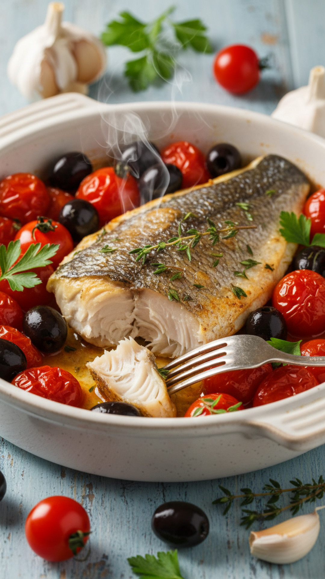 Mediterrane Seebarschfilets mit Ofen-Kirschtomaten und Oliven Preparation