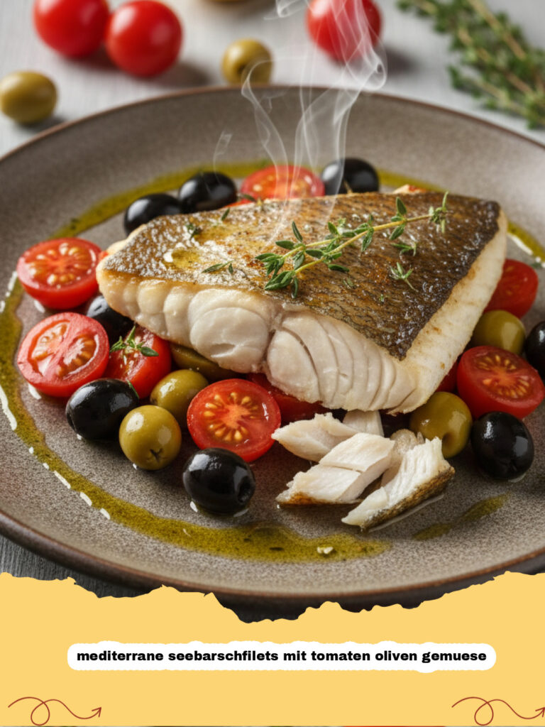 mediterrane seebarschfilets mit tomaten oliven gemuese - Zwei gebackene Seebarschfilets auf einem Bett aus Tomaten, Oliven und Zucchini, garniert mit frischen Kräutern in einer Auflaufform.